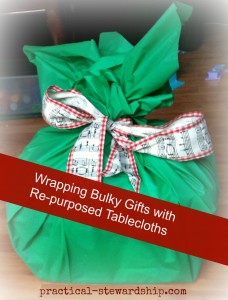 Wrapping Bulky Gifts with Re-purposed Tablecloths